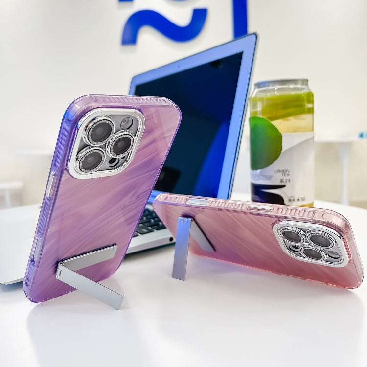 For iPhone 16 Plating Glitter Texture Fold Holder TPU Phone Case with Lens Film(White Tinfoil Texture) - iPhone 16 Cases by PMC TechLife | Online Shopping South Africa | PMC TechLife | Buy Now Pay Later Mobicred