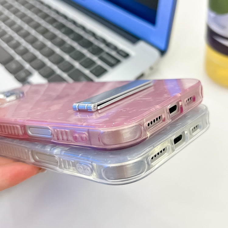 For iPhone 16e Plating Glitter Texture Fold Holder TPU Phone Case with Lens Film(Purple Tinfoil Texture) - iPhone 16e Cases by PMC TechLife | Online Shopping South Africa | PMC TechLife | Buy Now Pay Later Mobicred