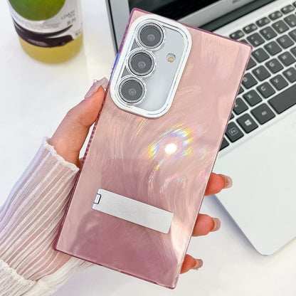 For Samsung Galaxy S25+ 5G Plating Glitter Texture Fold Holder TPU Phone Case with Lens Film(Pink Feather Yarn) - Galaxy S25+ 5G Cases by PMC Jewellery | Online Shopping South Africa | PMC Jewellery | Buy Now Pay Later Mobicred