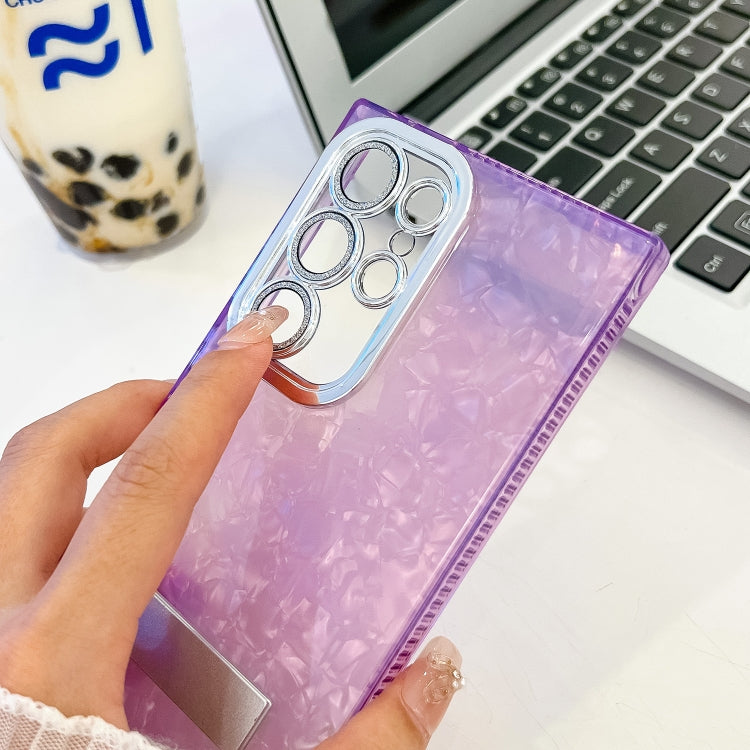 For Samsung Galaxy S25 Ultra 5G Plating Glitter Texture Fold Holder TPU Phone Case with Lens Film(Purple Shell Pattern) - Galaxy S25 Ultra 5G Cases by PMC Jewellery | Online Shopping South Africa | PMC Jewellery | Buy Now Pay Later Mobicred