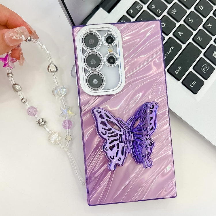 For Samsung Galaxy S25 Ultra 5G Plating Glitter Lens Film Texture Butterfly Holder Wristband Phone Case(Pink Feathers) - Galaxy S25 Ultra 5G Cases by PMC Jewellery | Online Shopping South Africa | PMC Jewellery | Buy Now Pay Later Mobicred