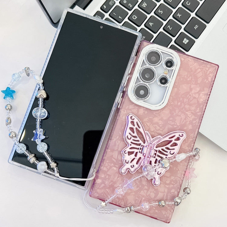 For Samsung Galaxy S25 5G Plating Glitter Lens Film Texture Butterfly Holder Wristband Phone Case(White Water Ripples) - Galaxy S25 5G Cases by PMC Jewellery | Online Shopping South Africa | PMC Jewellery | Buy Now Pay Later Mobicred