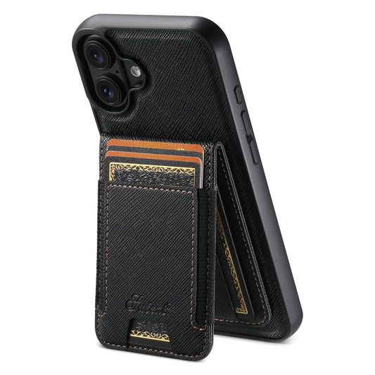 For iPhone 16 Suteni H17 Cross Grain Leather MagSafe Detachable Wallet Phone Case(Black) - iPhone 16 Cases by Suteni | Online Shopping South Africa | PMC Jewellery | Buy Now Pay Later Mobicred