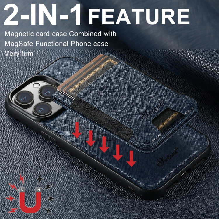 For iPhone 13 Suteni H17 Cross Grain Leather MagSafe Detachable Wallet Phone Case(Blue) - iPhone 13 Cases by Suteni | Online Shopping South Africa | PMC Jewellery | Buy Now Pay Later Mobicred