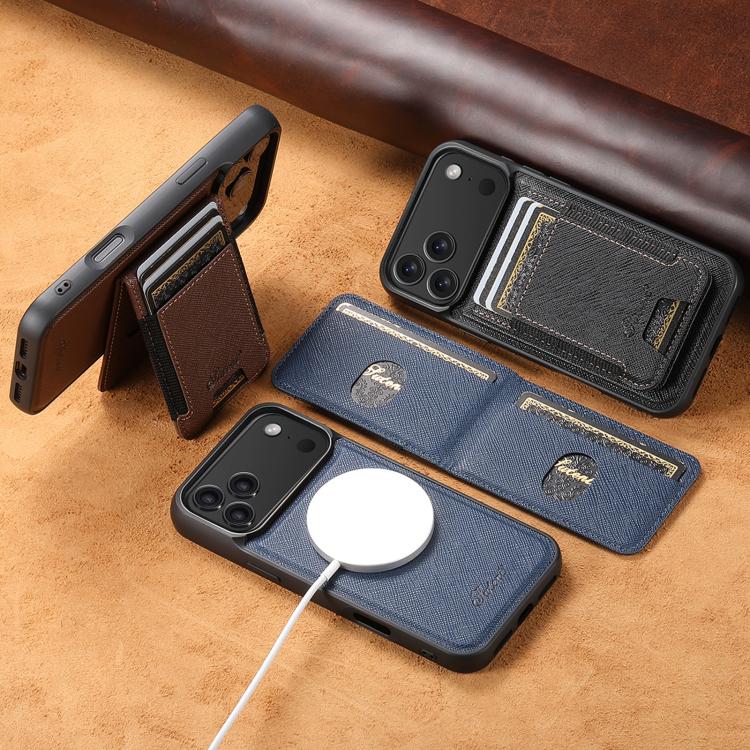 For iPhone 14 Suteni H17 Cross Grain Leather MagSafe Detachable Wallet Phone Case(Blue) - free shipping - PMC Jewellery - Order now!
