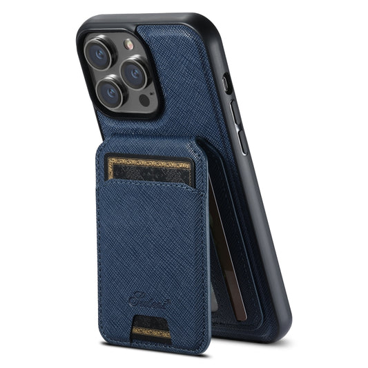 For iPhone 16 Pro Suteni H18 Cross Grain MagSafe Wallet Leather Phone Case(Blue) - iPhone 16 Pro Cases by Suteni | Online Shopping South Africa | PMC Jewellery | Buy Now Pay Later Mobicred