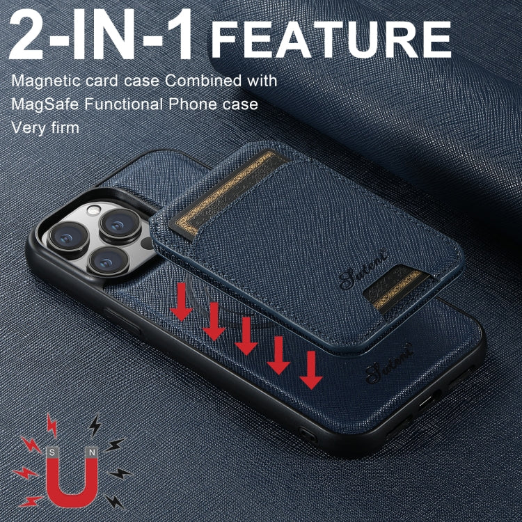 For iPhone 14 Plus Suteni H18 Cross Grain MagSafe Wallet Leather Phone Case(Blue) - iPhone 14 Plus Cases by Suteni | Online Shopping South Africa | PMC Jewellery | Buy Now Pay Later Mobicred