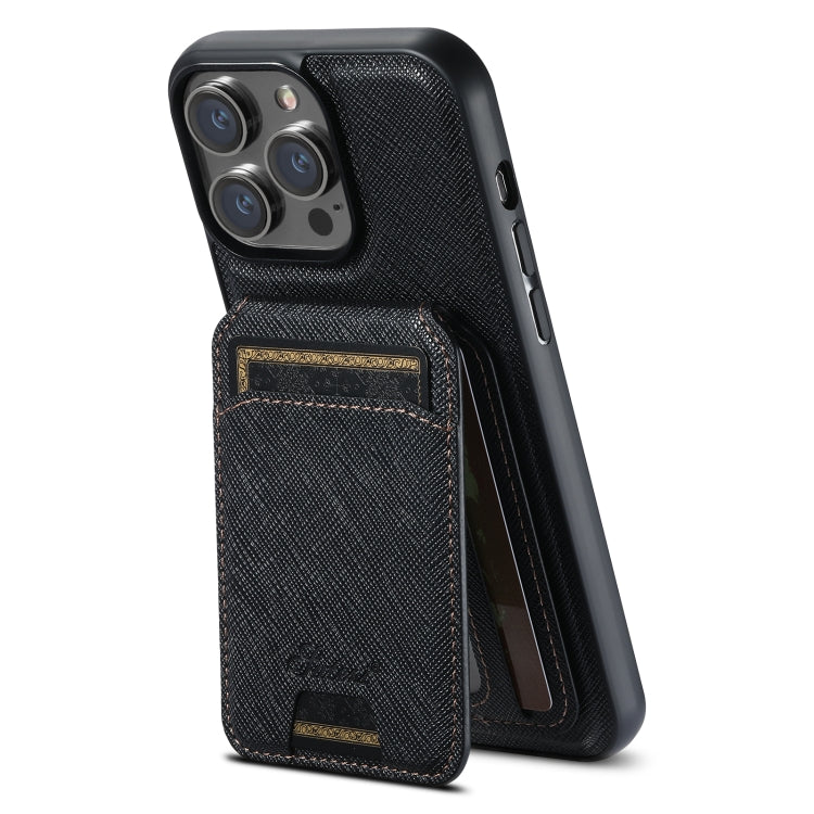 For iPhone 12 Pro Suteni H18 Cross Grain MagSafe Wallet Leather Phone Case(Black) - iPhone 12 / 12 Pro Cases by Suteni | Online Shopping South Africa | PMC Jewellery | Buy Now Pay Later Mobicred