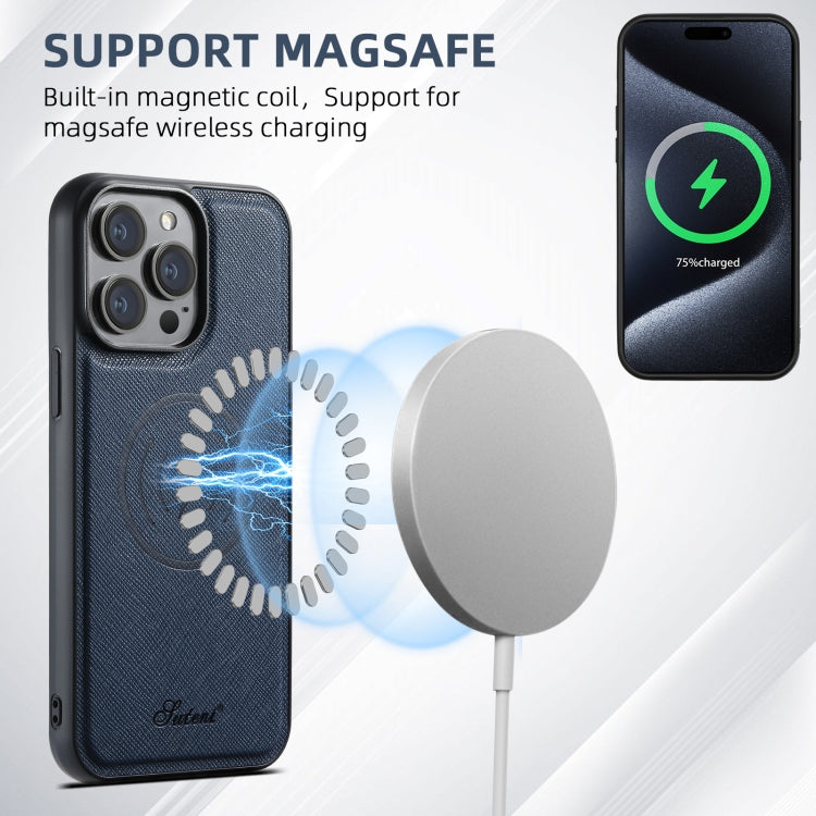 For iPhone 12 Pro Suteni H18 Cross Grain MagSafe Wallet Leather Phone Case(Blue) - free shipping - PMC Jewellery - Order now!