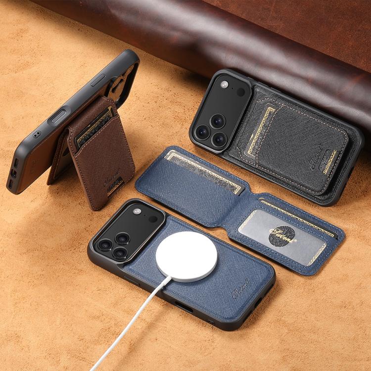 For iPhone 16 Plus Suteni H18 Cross Grain MagSafe Wallet Leather Phone Case(Black) - free shipping - PMC Jewellery - Order now!