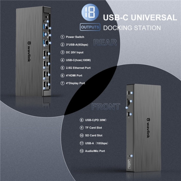 WAVLINK UG69PD8 Pro 18-in-1 DP / HD 5K Quadruple Display USB C Universal Docking Station, Plug:UK Plug - free shipping - PMc TechLife - Order now!
