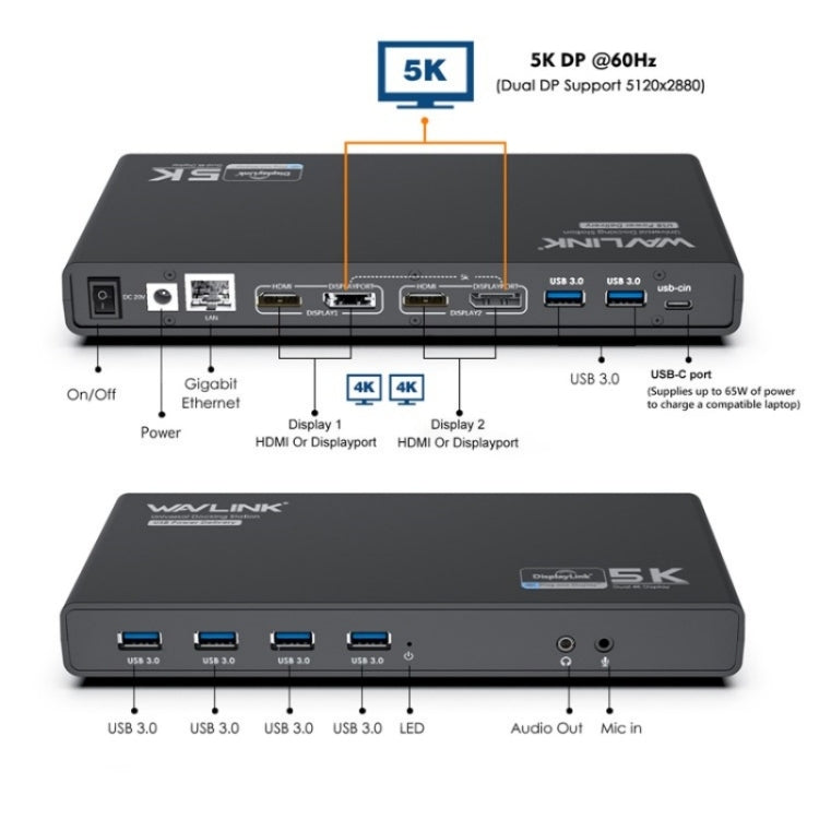 WAVLINK UG69PD6 Dual 4K Laptop Docking Station 5K HD Displaylink 65 / 100W PD Charging, Plug:US Plug - free shipping - PMc TechLife - Order now!