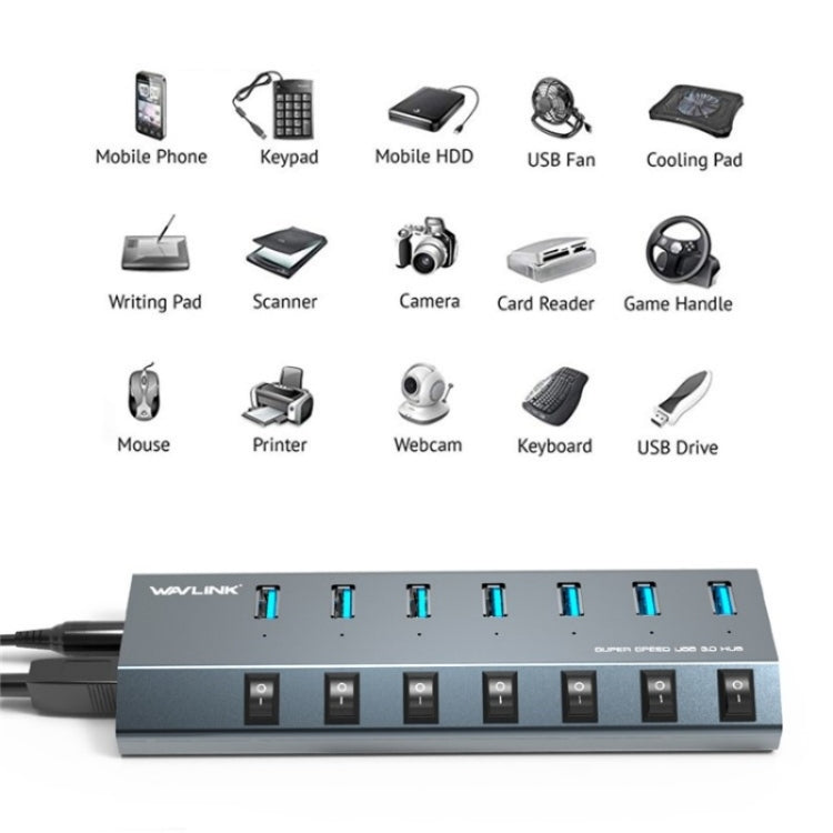 WAVLINK UH3076 5Gbps 7-port USB 3.0 Hub with Independent Switch and LED Indicator(EU Plug) - free shipping - PMC Jewellery - Order now!