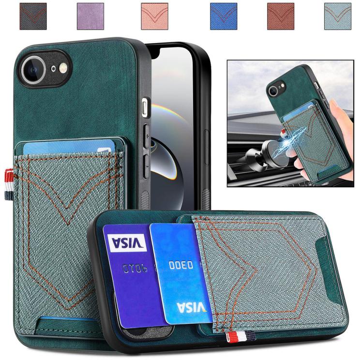 For iPhone 16e Denim Texture Leather Skin Phone Case with Card Slot(Green) - iPhone 16e Cases by PMC TechLife | Online Shopping South Africa | PMC TechLife | Buy Now Pay Later Mobicred