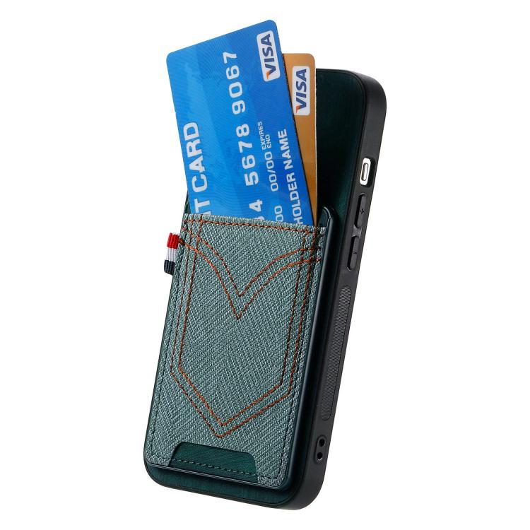 For iPhone 16e Denim Texture Leather Skin Phone Case with Card Slot(Green) - iPhone 16e Cases by PMC TechLife | Online Shopping South Africa | PMC TechLife | Buy Now Pay Later Mobicred