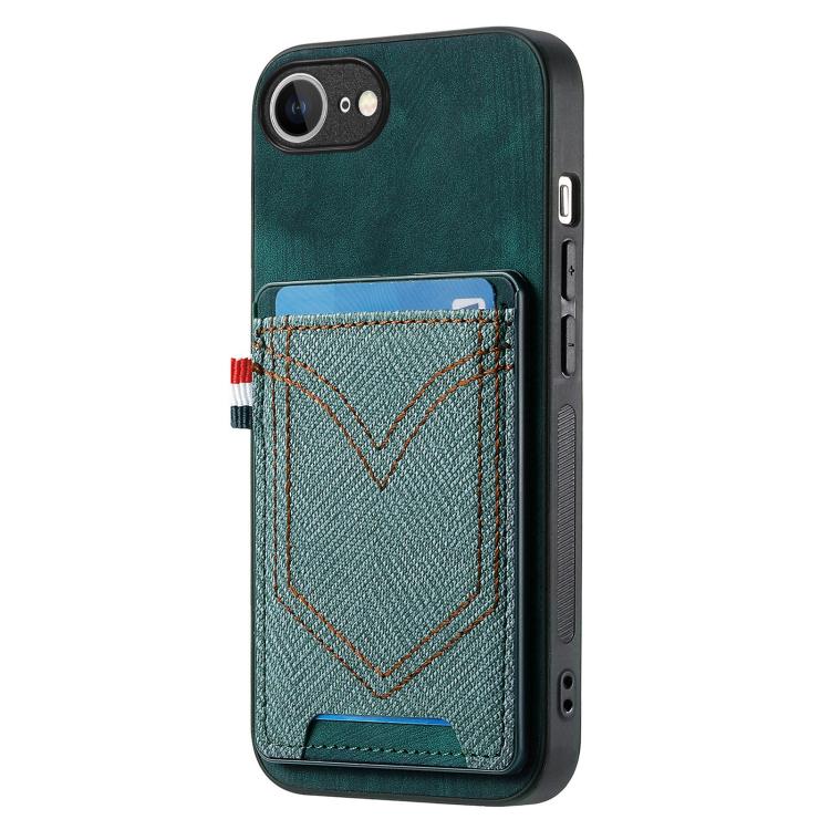For iPhone 16e Denim Texture Leather Skin Phone Case with Card Slot(Green) - iPhone 16e Cases by PMC TechLife | Online Shopping South Africa | PMC TechLife | Buy Now Pay Later Mobicred