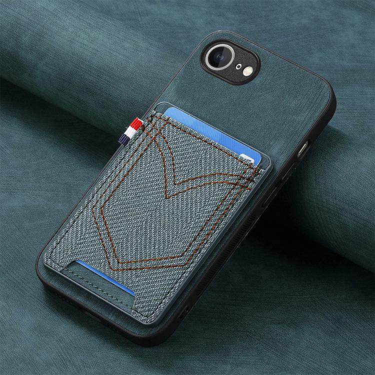 For iPhone 16e Denim Texture Leather Skin Phone Case with Card Slot(Green) - iPhone 16e Cases by PMC TechLife | Online Shopping South Africa | PMC TechLife | Buy Now Pay Later Mobicred