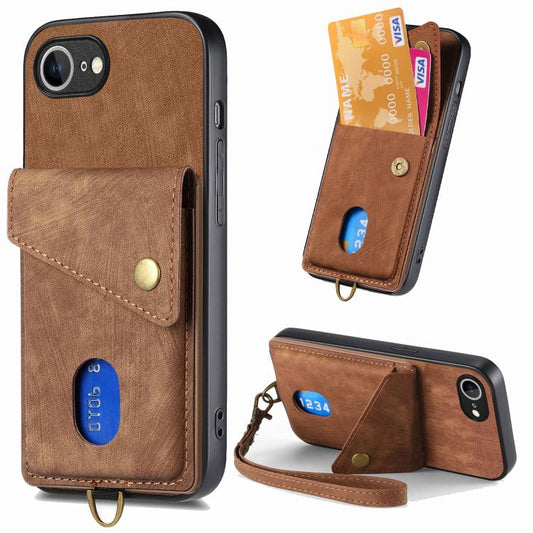 For iPhone 16e Retro Card Wallet Fold Leather Phone Case with Strap(Brown) - iPhone 16e Cases by PMC Jewellery | Online Shopping South Africa | PMC Jewellery | Buy Now Pay Later Mobicred