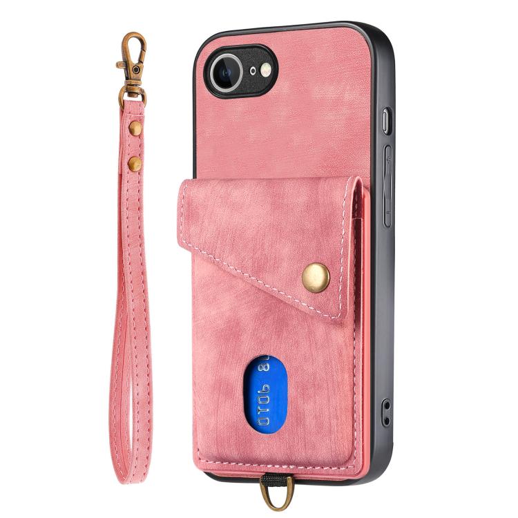 For iPhone 16e Retro Card Wallet Fold Leather Phone Case with Strap(Pink) - iPhone 16e Cases by PMC TechLife | Online Shopping South Africa | PMC TechLife | Buy Now Pay Later Mobicred