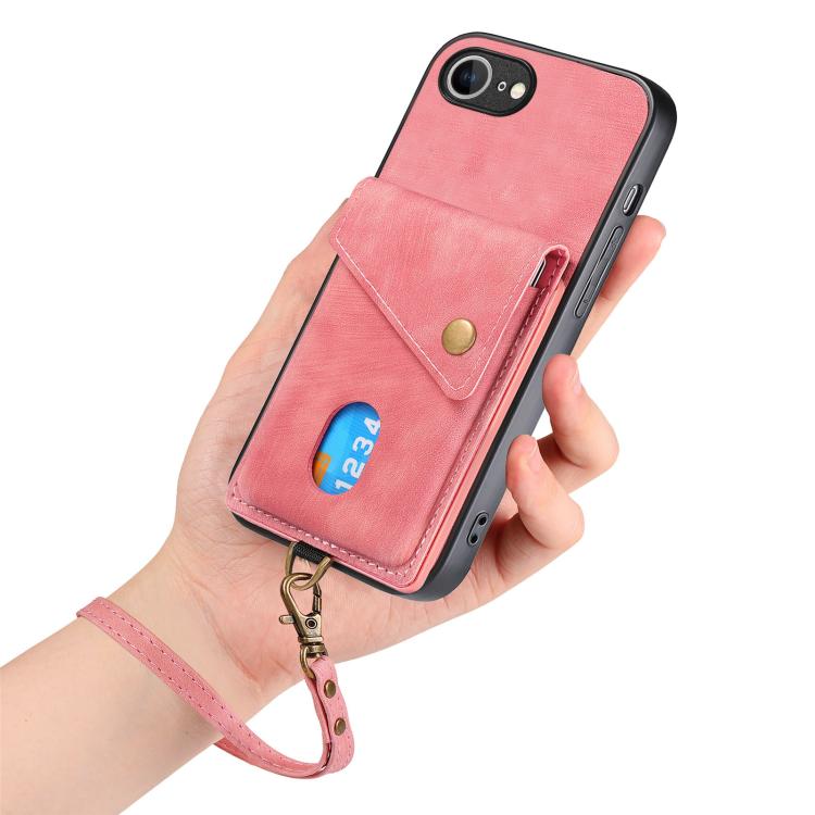For iPhone 16e Retro Card Wallet Fold Leather Phone Case with Strap(Pink) - iPhone 16e Cases by PMC TechLife | Online Shopping South Africa | PMC TechLife | Buy Now Pay Later Mobicred