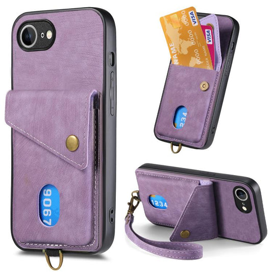 For iPhone 16e Retro Card Wallet Fold Leather Phone Case with Strap(Purple) - iPhone 16e Cases by PMC Jewellery | Online Shopping South Africa | PMC Jewellery | Buy Now Pay Later Mobicred