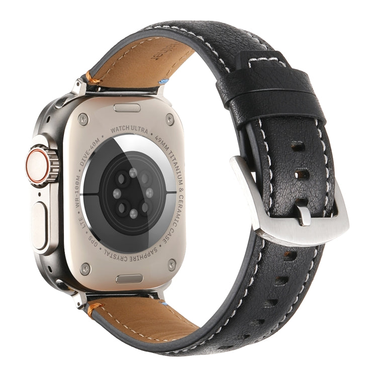 Stitched Genuine Leather Watch Band For Apple Watch 46mm / 49mm / 45mm / 44mm(Pull Up Leather Black) - Watch Bands by PMC TechLife | Online Shopping South Africa | PMC TechLife | Buy Now Pay Later Mobicred