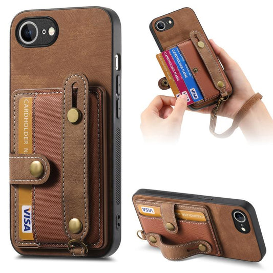 For iPhone 16e Retro Cross Wristband Wallet Leather Back Phone Case(Brown) - iPhone 16e Cases by PMC Jewellery | Online Shopping South Africa | PMC Jewellery | Buy Now Pay Later Mobicred