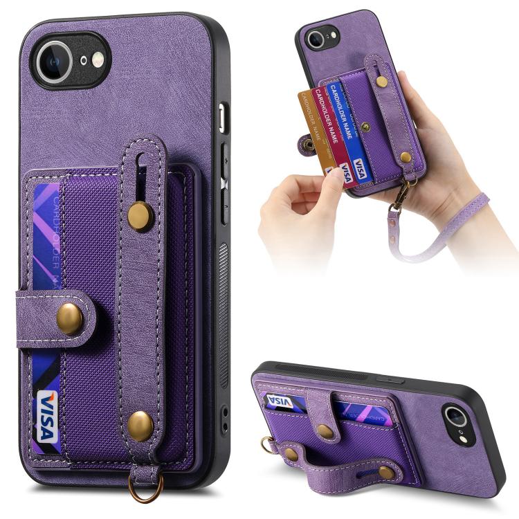 For iPhone 16e Retro Cross Wristband Wallet Leather Back Phone Case(Purple) - iPhone 16e Cases by PMC TechLife | Online Shopping South Africa | PMC TechLife | Buy Now Pay Later Mobicred