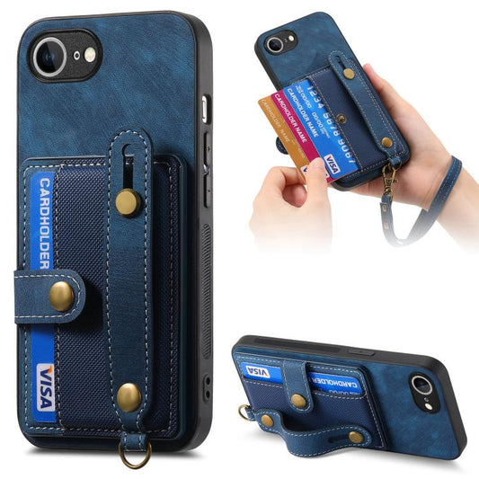 For iPhone 16e Retro Cross Wristband Wallet Leather Back Phone Case(Blue) - iPhone 16e Cases by PMC Jewellery | Online Shopping South Africa | PMC Jewellery | Buy Now Pay Later Mobicred