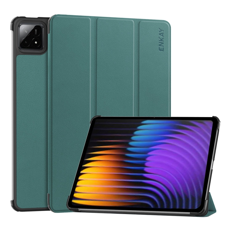 For Xiaomi Pad 7 / 7 Pro 11.2 ENKAY Tri-fold Custer Texture Leather Smart Tablet Case(Dark Green) - free shipping - PMc TechLife - Order now!
