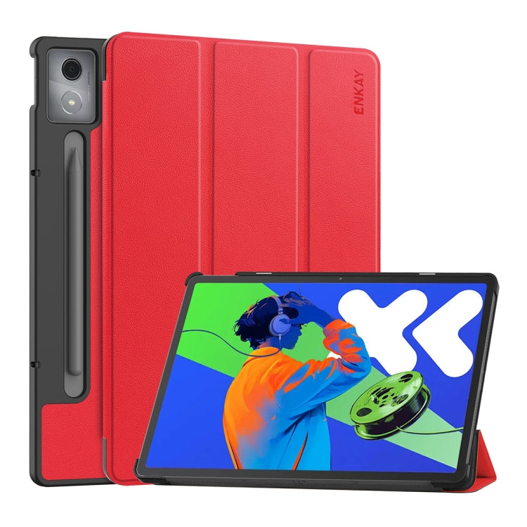 For Lenovo Xiaoxin Pad Pro 12.7 2025 ENKAY Tri-fold Custer Texture Platic Leather Smart Tablet Case(Red) - free shipping - PMC TechLife - Order now!