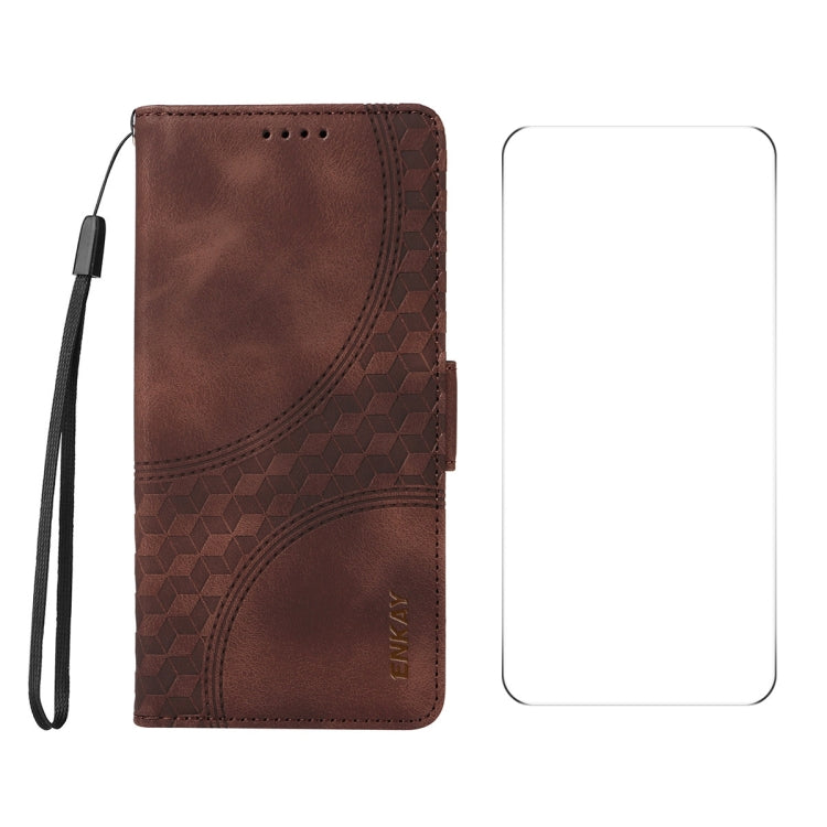 For iPhone 16 Pro ENKAY Embossed Rhombus Starry Leather Phone Case with Screen Film(Brown) - iPhone 16 Pro Cases by ENKAY | Online Shopping South Africa | PMC Jewellery | Buy Now Pay Later Mobicred