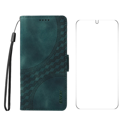 For Samsung Galaxy S25 5G / S24 5G ENKAY Embossed Rhombus Starry Leather Phone Case with Screen Film(Green) - Galaxy S24 5G Cases by ENKAY | Online Shopping South Africa | PMC Jewellery | Buy Now Pay Later Mobicred