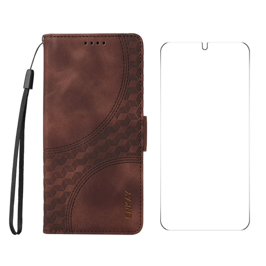 For Samsung Galaxy S25 5G / S24 5G ENKAY Embossed Rhombus Starry Leather Phone Case with Screen Film(Brown) - Galaxy S24 5G Cases by ENKAY | Online Shopping South Africa | PMC Jewellery | Buy Now Pay Later Mobicred