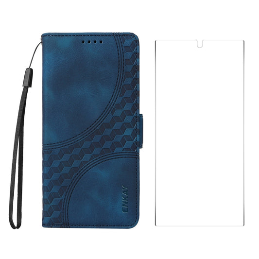 For Samsung Galaxy S25 Ultra 5G ENKAY Embossed Rhombus Starry Leather Phone Case with Screen Film(Blue) - Galaxy S25 Ultra 5G Cases by ENKAY | Online Shopping South Africa | PMC Jewellery | Buy Now Pay Later Mobicred