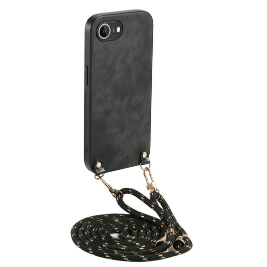 For  iPhone 16e Vintage Leather PC Back Cover Phone Case with Crossbody Strap(Black) - iPhone 16e Cases by PMC Jewellery | Online Shopping South Africa | PMC Jewellery | Buy Now Pay Later Mobicred