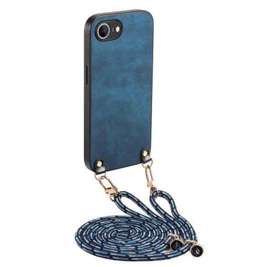 For  iPhone 16e Vintage Leather PC Back Cover Phone Case with Crossbody Strap(Blue) - iPhone 16e Cases by PMC Jewellery | Online Shopping South Africa | PMC Jewellery | Buy Now Pay Later Mobicred