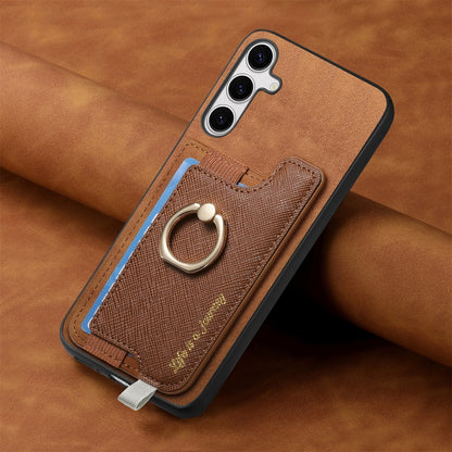 For Samsung Galaxy S25+ 5G Retro Cross Leather Ring Horizontal Insert Card Bag MagSafe Phone Case(Brown) - Galaxy S25+ 5G Cases by PMC Jewellery | Online Shopping South Africa | PMC Jewellery | Buy Now Pay Later Mobicred