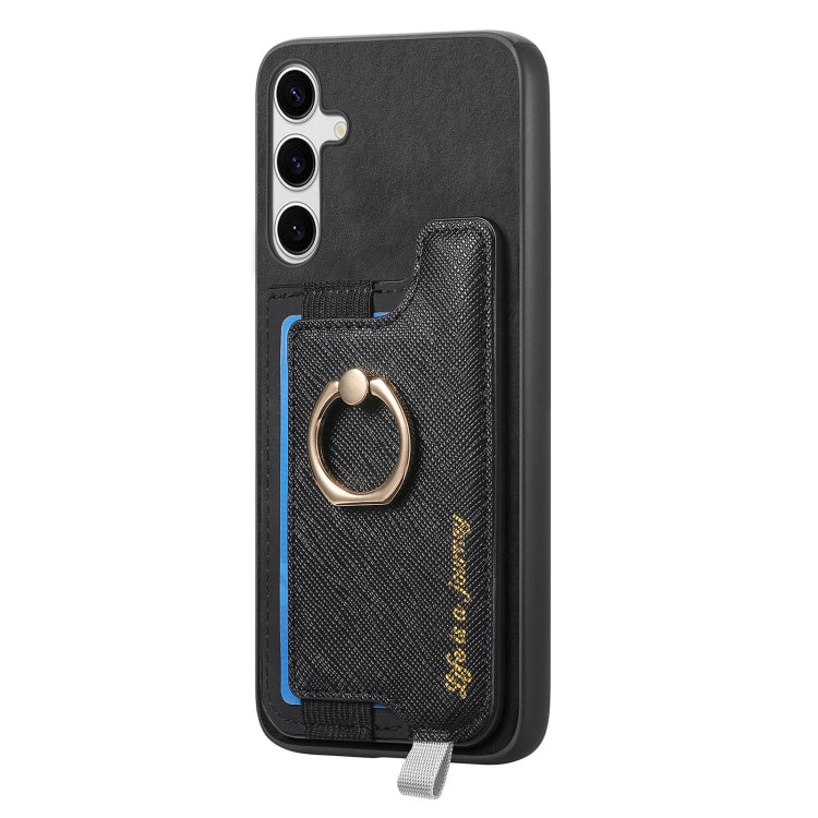 For Samsung Galaxy S25+ 5G Retro Cross Leather Ring Horizontal Insert Card Bag MagSafe Phone Case(Black) - Galaxy S25+ 5G Cases by PMC Jewellery | Online Shopping South Africa | PMC Jewellery | Buy Now Pay Later Mobicred