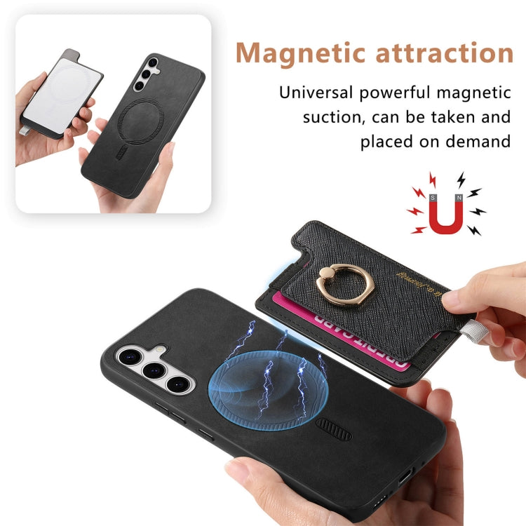 For Samsung Galaxy S25+ 5G Retro Cross Leather Ring Horizontal Insert Card Bag MagSafe Phone Case(Black) - free shipping - PMC Jewellery - Order now!