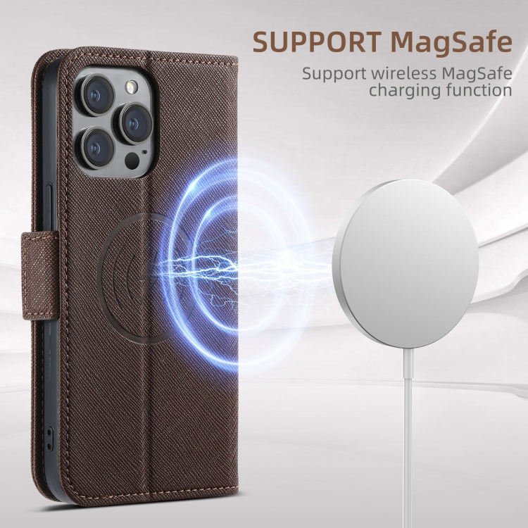 For iPhone 16 Suteni J08 Multifunctional Cross Texture MagSafe Leather Phone Case(Brown) - iPhone 16 Cases by Suteni | Online Shopping South Africa | PMC Jewellery | Buy Now Pay Later Mobicred