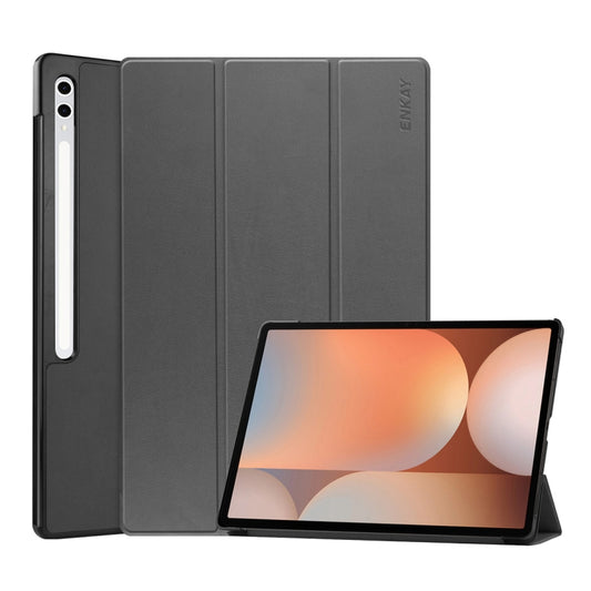 For Samsung Galaxy Tab S10 Ultra / S9 Ultra ENKAY Tri-fold Custer Texture Plastic Leather Smart Tablet Case with Pen Slot(Grey) - Galaxy Tab S9 Ultra Cases by ENKAY | Online Shopping South Africa | PMC Jewellery | Buy Now Pay Later Mobicred