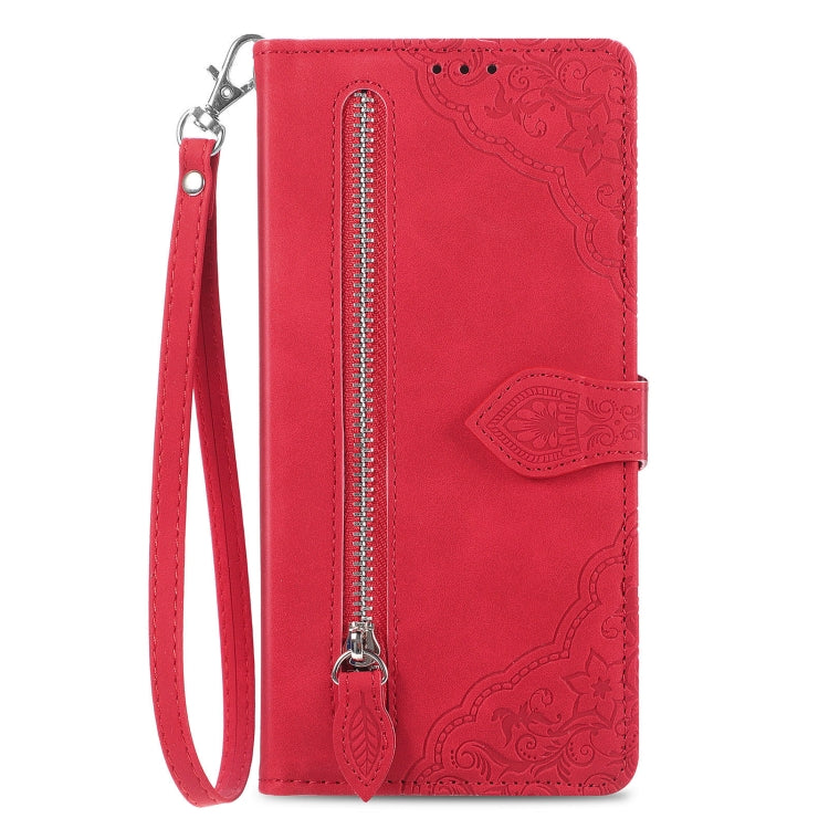 For Samsung Galaxy S25+ 5G Embossed Flower Zipper Leather Phone Case(Red) - Galaxy S25+ 5G Cases by PMC TechLife | Online Shopping South Africa | PMC TechLife | Buy Now Pay Later Mobicred