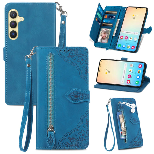 For Samsung Galaxy S25+ 5G Embossed Flower Zipper Leather Phone Case(Blue) - Galaxy S25+ 5G Cases by PMC Jewellery | Online Shopping South Africa | PMC Jewellery | Buy Now Pay Later Mobicred