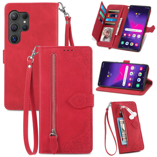 For Samsung Galaxy S25 Ultra 5G Embossed Flower Zipper Leather Phone Case(Red) - Galaxy S25 Ultra 5G Cases by PMC Jewellery | Online Shopping South Africa | PMC Jewellery | Buy Now Pay Later Mobicred