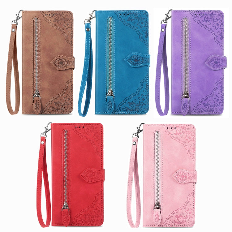 For Samsung Galaxy S25+ 5G Embossed Flower Zipper Leather Phone Case(Red) - Galaxy S25+ 5G Cases by PMC TechLife | Online Shopping South Africa | PMC TechLife | Buy Now Pay Later Mobicred