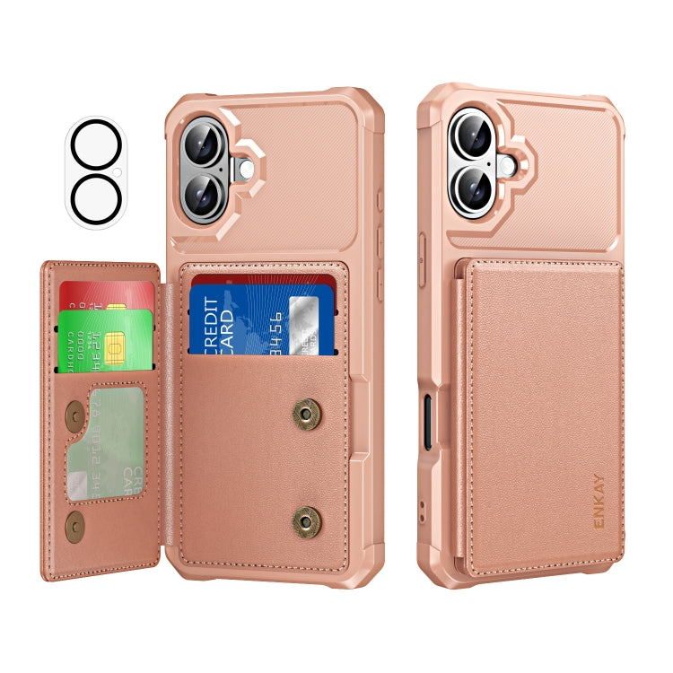 For iPhone 16 Plus ENKAY Hat-Prince Card Slot Wallet TPU Back Leather Phone Case with Lens Film(Rose Gold) - iPhone 16 Plus Cases by ENKAY | Online Shopping South Africa | PMC Jewellery | Buy Now Pay Later Mobicred