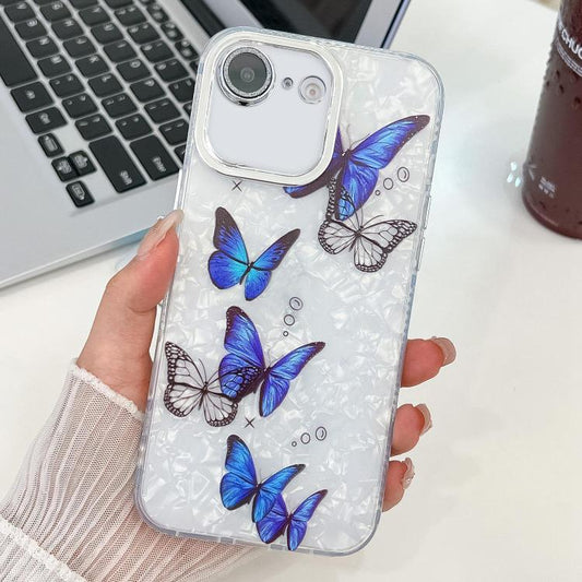 For iPhone 16e Plating Texture Butterfly TPU Phone Case with Glitter Lens Film(Blue Butterflies HU3) - iPhone 16e Cases by PMC Jewellery | Online Shopping South Africa | PMC Jewellery | Buy Now Pay Later Mobicred