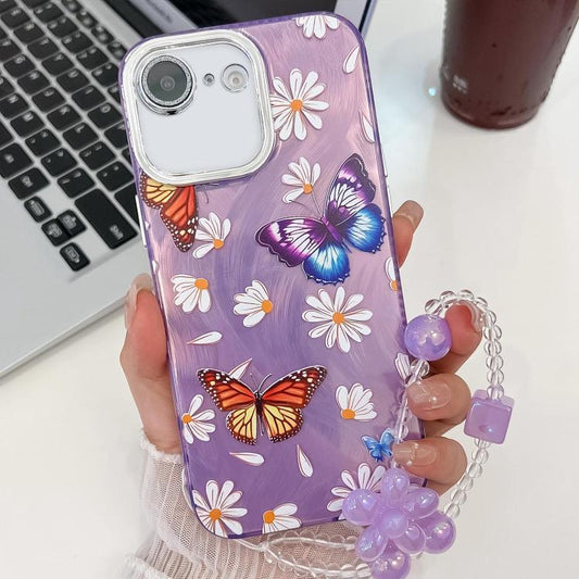 For iPhone 16e Plating Texture Butterfly Wristband TPU Phone Case with Glitter Lens Film(Daisy Butterflies HU2) - iPhone 16e Cases by PMC Jewellery | Online Shopping South Africa | PMC Jewellery | Buy Now Pay Later Mobicred