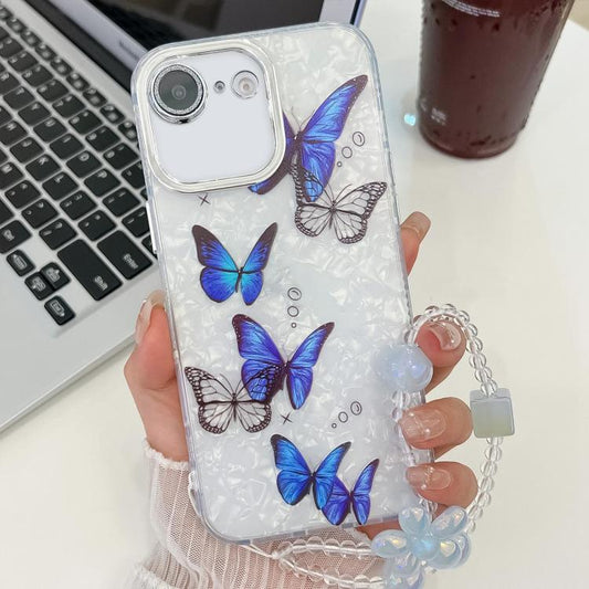 For iPhone 16e Plating Texture Butterfly Wristband TPU Phone Case with Glitter Lens Film(Blue Butterflies HU3) - iPhone 16e Cases by PMC Jewellery | Online Shopping South Africa | PMC Jewellery | Buy Now Pay Later Mobicred